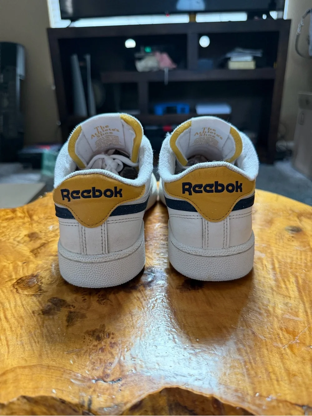 Reebok Men’s White Leather Sneakers with Navy & Yellow Accents